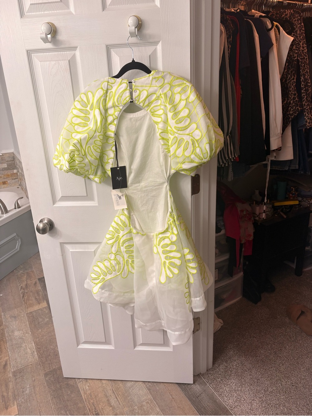Aje White Dress with Neon Yellow Embroidery and Puff Sleeves - Picture 2 of 6